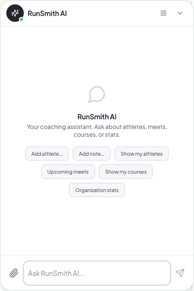 Runsmith AI assistant panel with suggested questions about athletes, meets, and courses