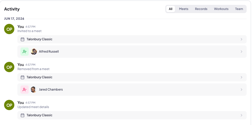 Runsmith activity feed on the web, with filter tabs and team updates