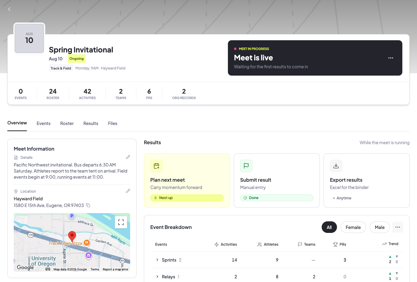 Runsmith meet hub on the web, showing a live meet overview and result actions