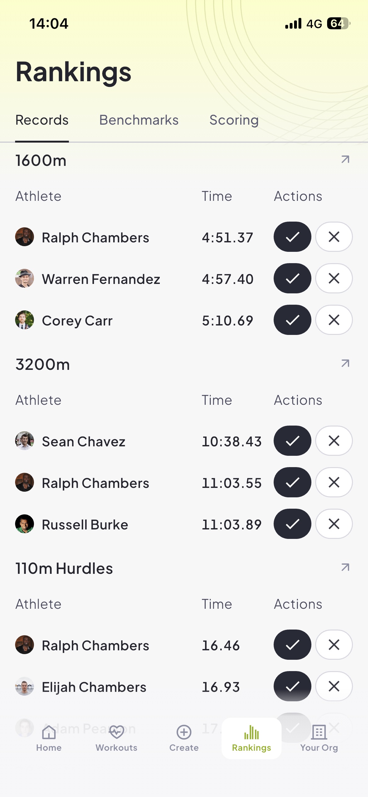 Runsmith mobile app showing event records with approve and deny actions