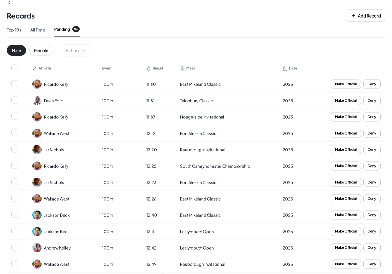 Runsmith record book on the web, with pending records awaiting coach approval